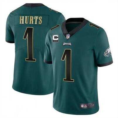 Mens Philadelphia Eagles #1 Jalen Hurts Green Golden 2-star C Patch Vapor Untouchable Limited Stitched Jersey